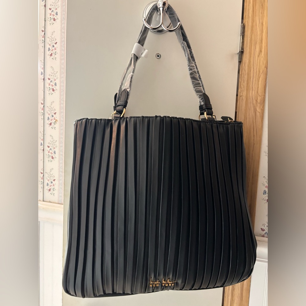 Nicole Miller Black Pleated Tote with Gold Logo